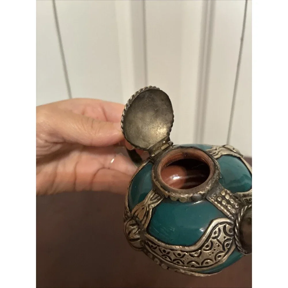 Vintage Moroccan Miniature Teapot Teal Ceramic Silver Metal Filigree Decorative